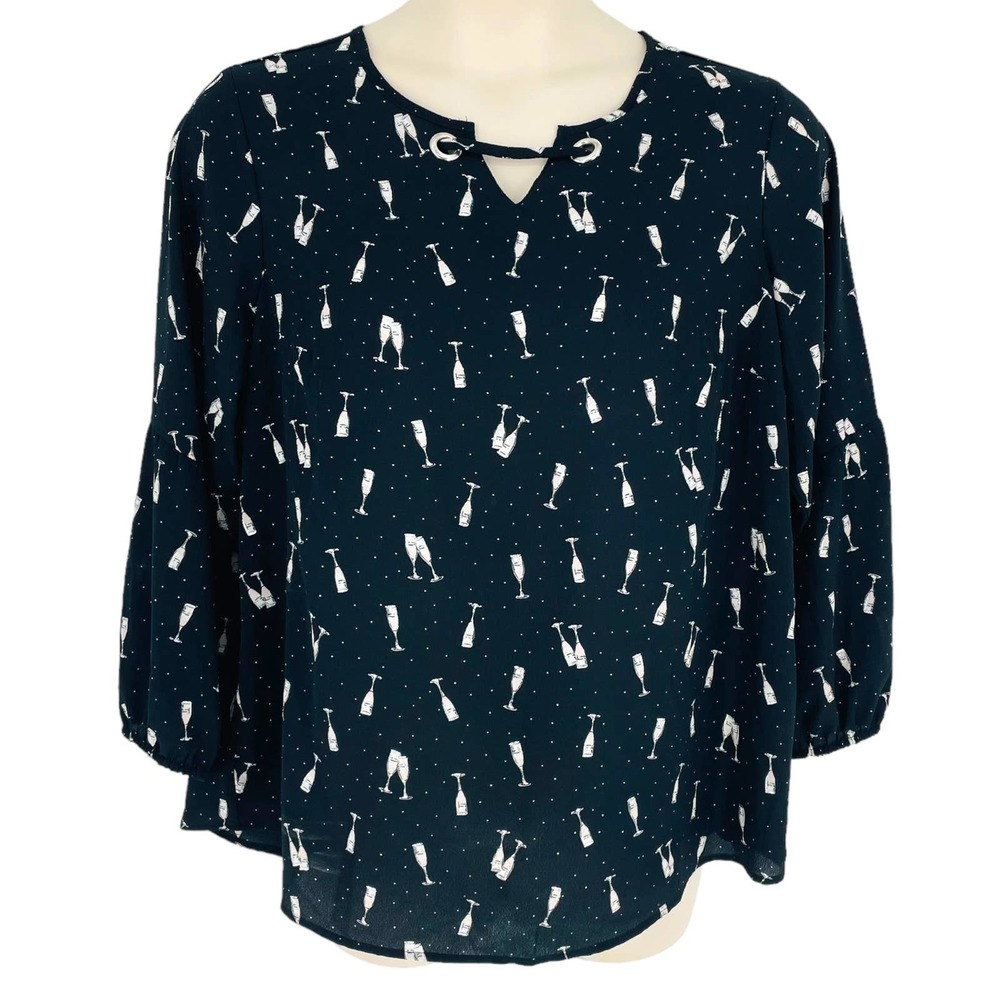 Roz & Ali Womens 1X Black Silver Novelty Champagne Flute Print Top Celebration
